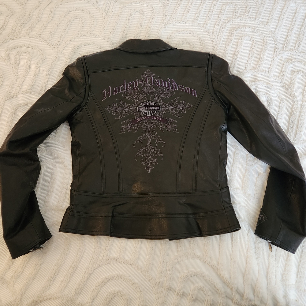 Harley-Davidson Women's Black Leather Motorcycle Zip Jacket Purple Embroidery Xs - Picture 4 of 12